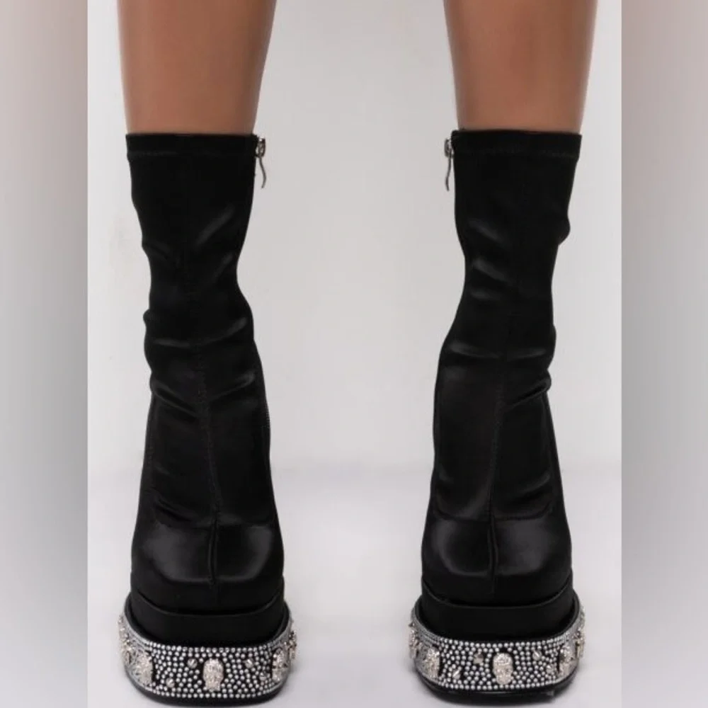 Azalea Wang Embellished Diamond Skull Wedge Sock Platform Heel Booties